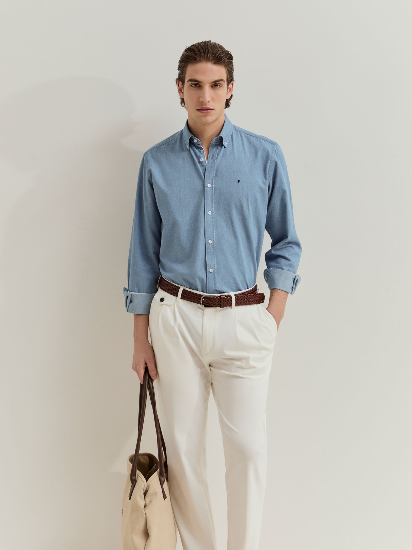 LION OF PORCHES - Camisa regular fit em ganga de algodão